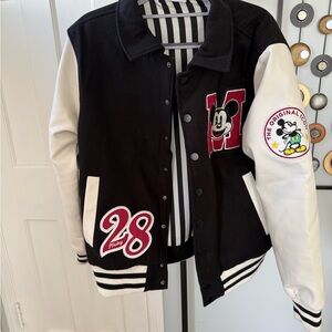 Black & White Mickey Varsity Jacket with Red Accents Men or Women’s